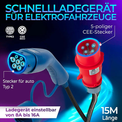 VOLDT Type 2 oplaadkabel, 11 kW, EV-oplader met CEE-stekker, 8 A - 16 A, driefasige mobiel Wallbox-laadstation met display, voor elektrische voertuigen, IP69, TÜV, CE-beschermd, draagbare oplader (10