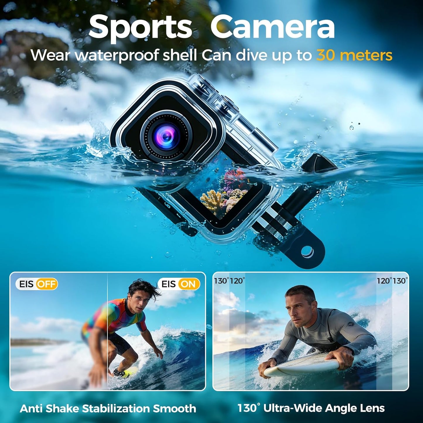 AIKER Action Cam 4K WiFi bijgewerkte versie, ultra-Hd-beeldkwaliteit, elektronische beeldstabilisatie, dual screen display, bodycam, helmcamera voor motorfiets, 360° actiecamera, multifunctionele