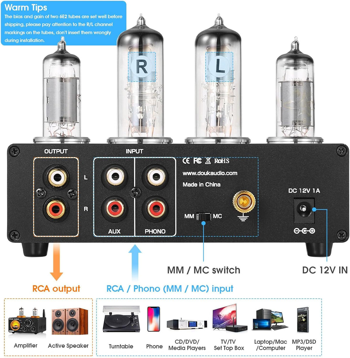HiFi 6E2 Buizenvoorversterker Phono Preamp voor MM/MC Platenspelers Hoofdtelefoonversterker
