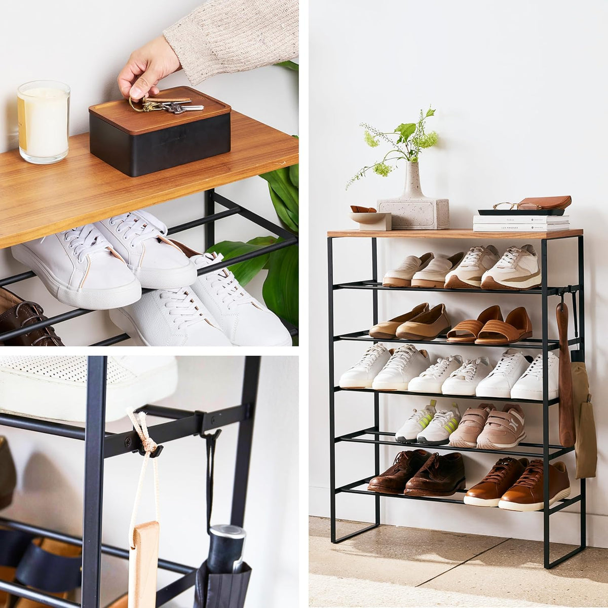 YAMAZAKI Schoenenrek met houten bovenplank - Tower - zwart