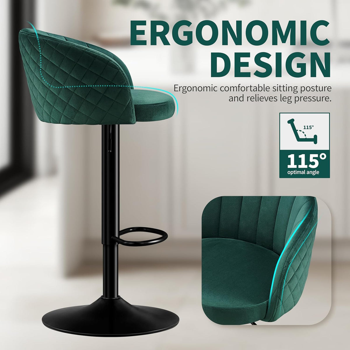 Bar Stool Height Adjustable Set of 2 Bar Stool Milk Velvet Fabric, Bar Chairs with Backrest and Armrest Bar Chair 360° Rotatable, Adjustable Bar Stools, Bar Chair Resilient 150kg-Green - QUORE
