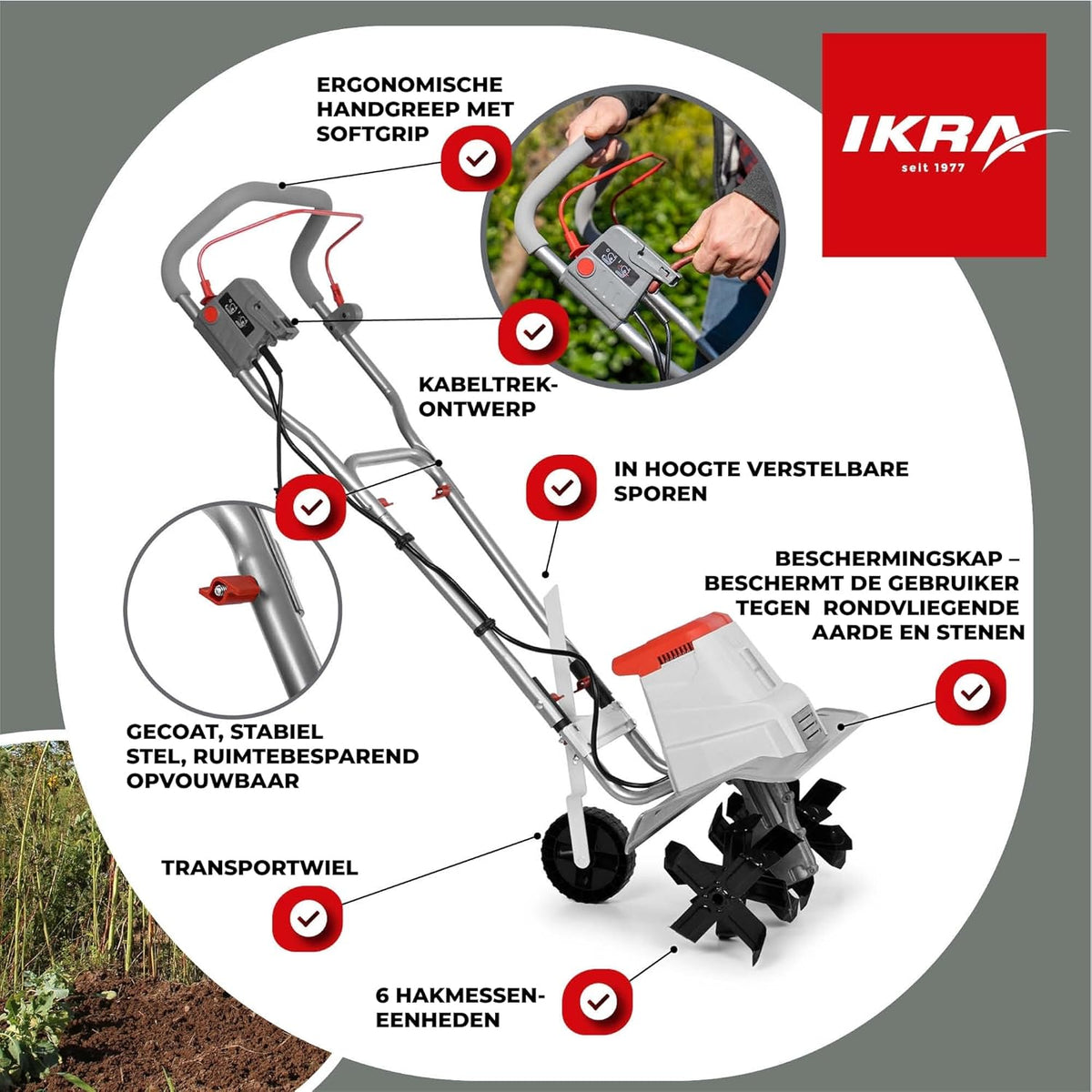 IKRA Elektrische Grondfrees IEM 1500, flexibele werkbreedte 32 & 45cm, werkdiepte tot 20cm, krachtig 1500W vermogen