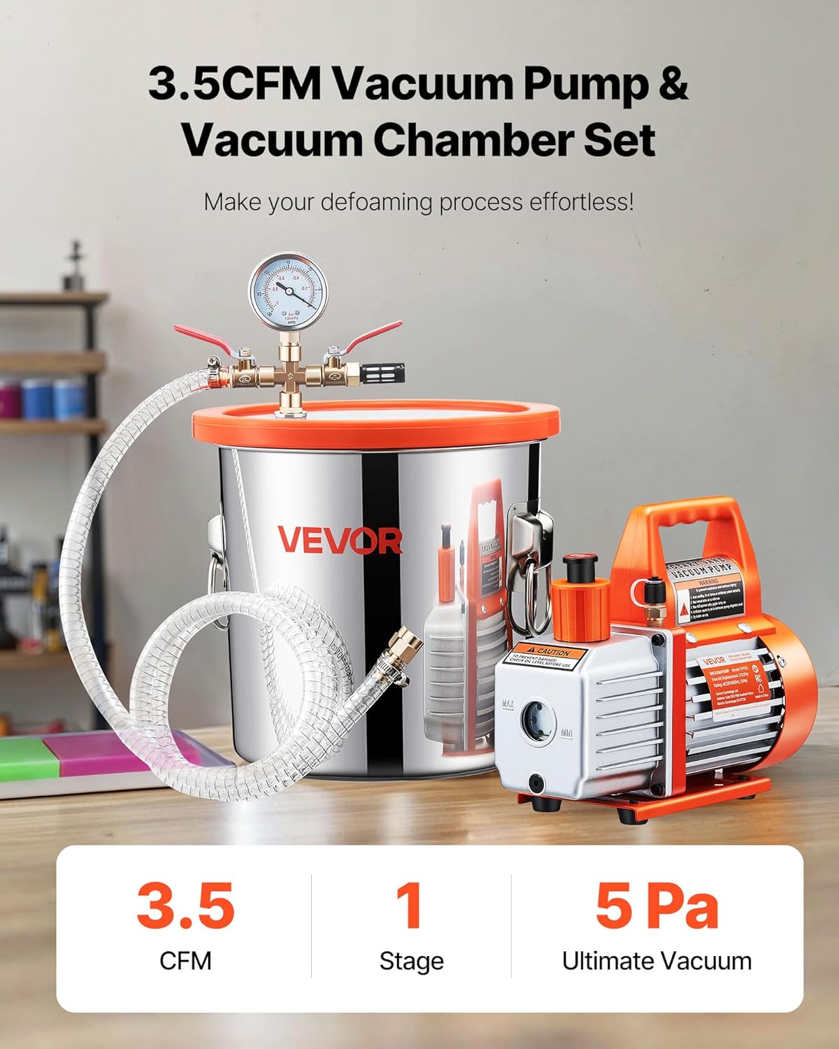 Vacuümpompset – Vacuümpomp – Ontgassingsset – Vacuümkamer – Vacuümreiniger – 11,36 L Roestvrijstalen Kamer – 110 L/min Zuigkracht