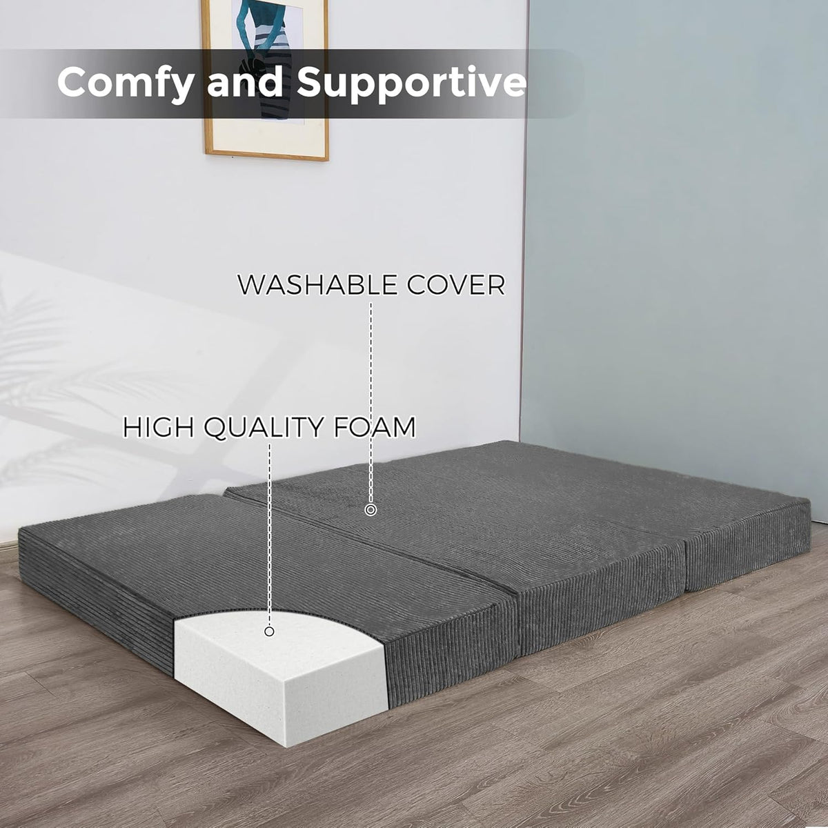 MAXYOYO Opvouwbare corduroy matras, drievoudig vloermatras 10 cm dik met wasbare hoes, opvouwbaar in drie, ruimtebesparend voor gasten (houtskool, eenpersoons)