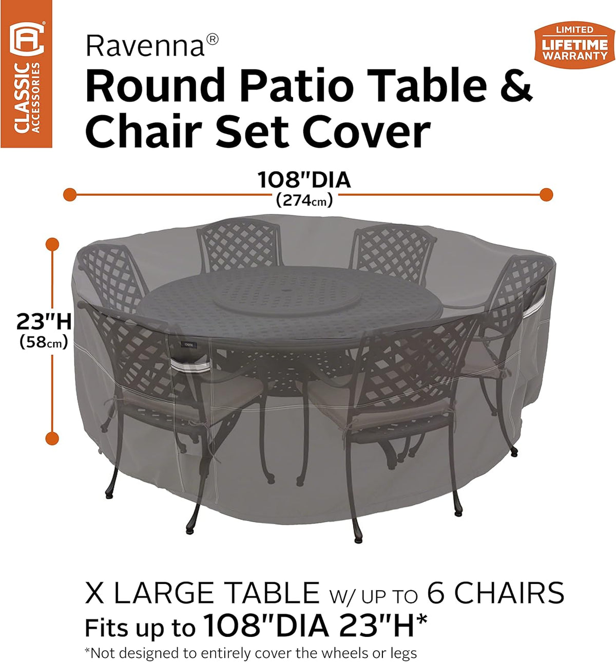 Classic Accessories Ravenna waterafstotende afdekking voor terrastafel en stoel, rond, 274 cm, outdoor tafelhoes