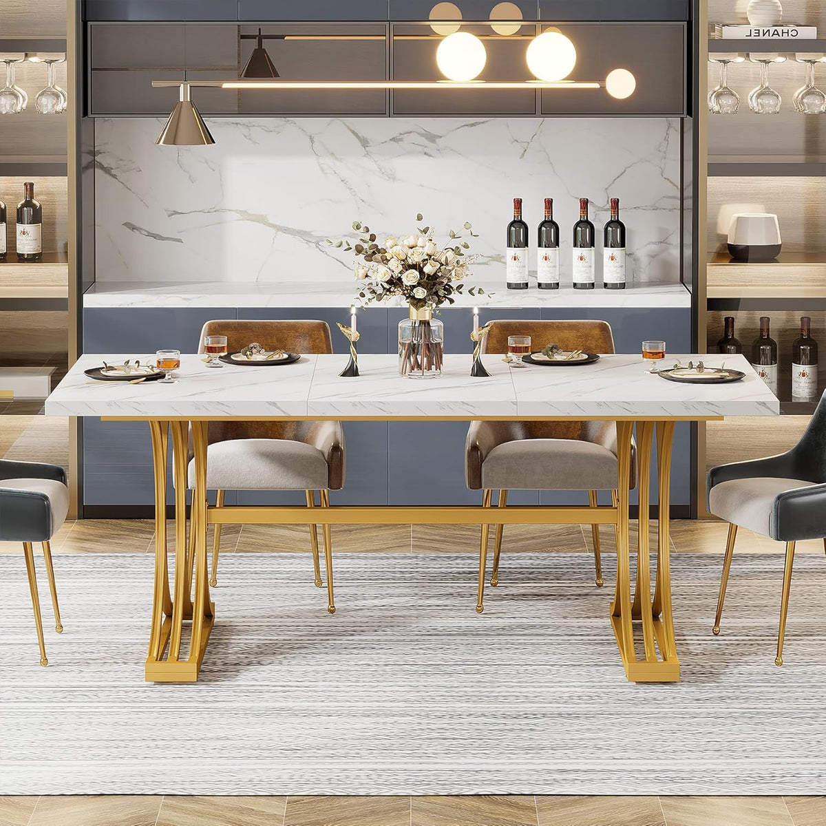 Tribesigns 160 cm rectangular dining table for 4 to 6 people, modern kitchen table with stylish metal trestle legs, large dining table for dining room, chair not included (white + gold)