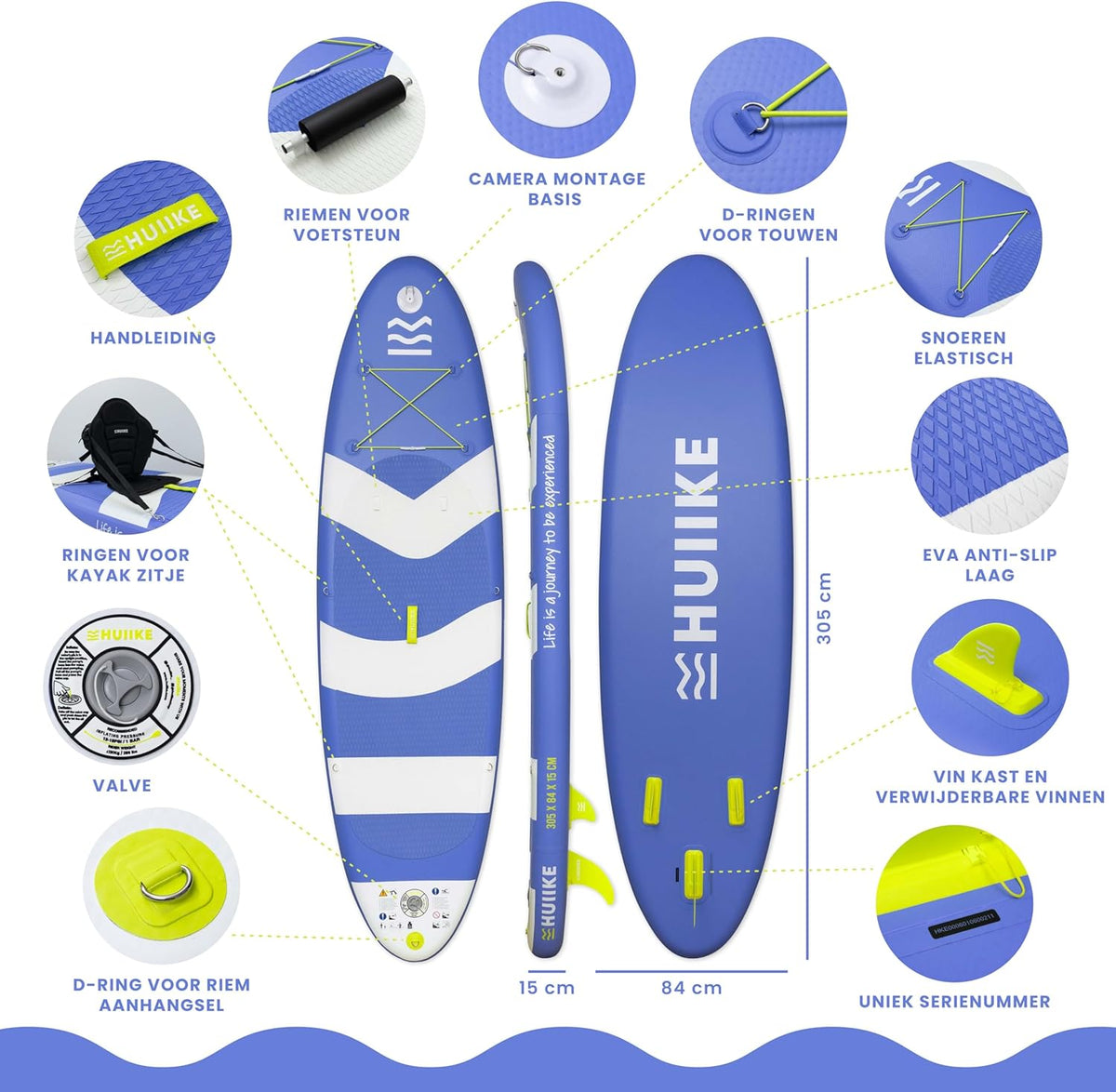 HUIIKE Stand Up Paddle Board met Accessoires, Peddel, Vinnen, Pomp. Opblaasbaar Supboard Uitstekende Stabiliteit en Weerstand. 305 x 84 x 15 cm, Maximaal Draagvermogen 130 kg