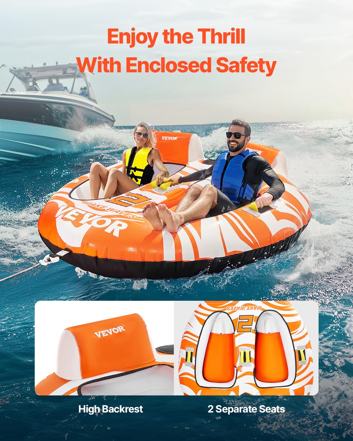 VEVOR Trekbare buizen voor 2 personen, opblaasbare bootbuizen en sleepboten met 2 cockpits, 154 kg watersportbuizen voor boot om te trekken - met 840D volledige nylon hoes, gewatteerde handgrepen en