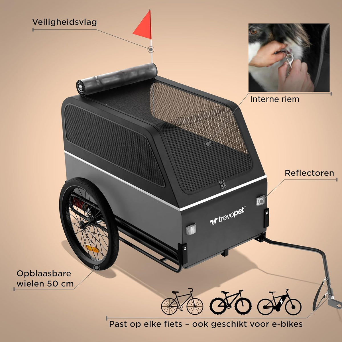 Hondenfietskar XL – Opvouwbare fietskar voor grote hond (tot 45 kg) – Waterdicht, met vering, oprijplaat & comfortabele ruimte – Geschikt voor e-bike