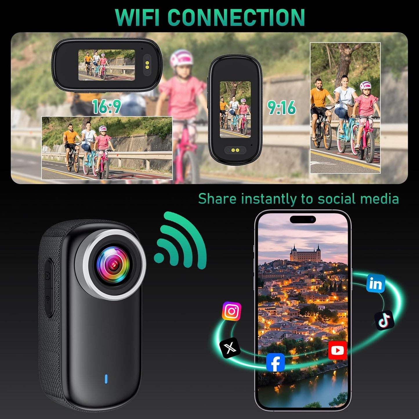 Actiecamera, wifi, 4K, waterdichte mini-actie-helmcamera, 150 graden wifi, sportactiecamera met 1,47 inch display, magnetische duim-lichaamscamera, kleine actiecamera voor motorfiets en fiets