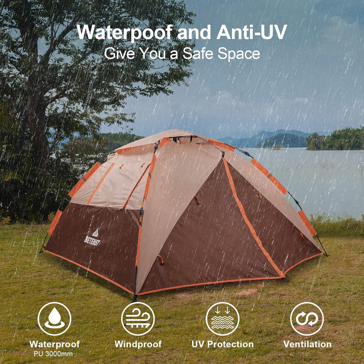 Campingtent, pop-up tent voor 4 personen, familiekoepeltent, waterdicht, winddicht, met 2 gaasdeuren, 2 gaasramen, dakramen, 2-in-1 dubbele lagen, opbergtas voor kamperen, wandelen, backpacken