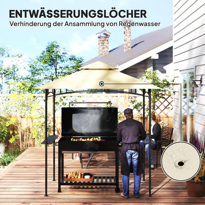 Grillpaviljoen – Barbecue Overkapping – BBQ Tent – Tuinpaviljoen – Grillhut – Dubbellaags Dak – Water- en Vlamvertragend – Met Zijplanken en LED Verlichting – 240x150x258 cm – Stalen Frame
