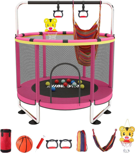 Trampoline voor kinderen, verstelbare baby peuter trampoline met basketbalring, 420 lbs indoor outdoor peuter trampoline met behuizing