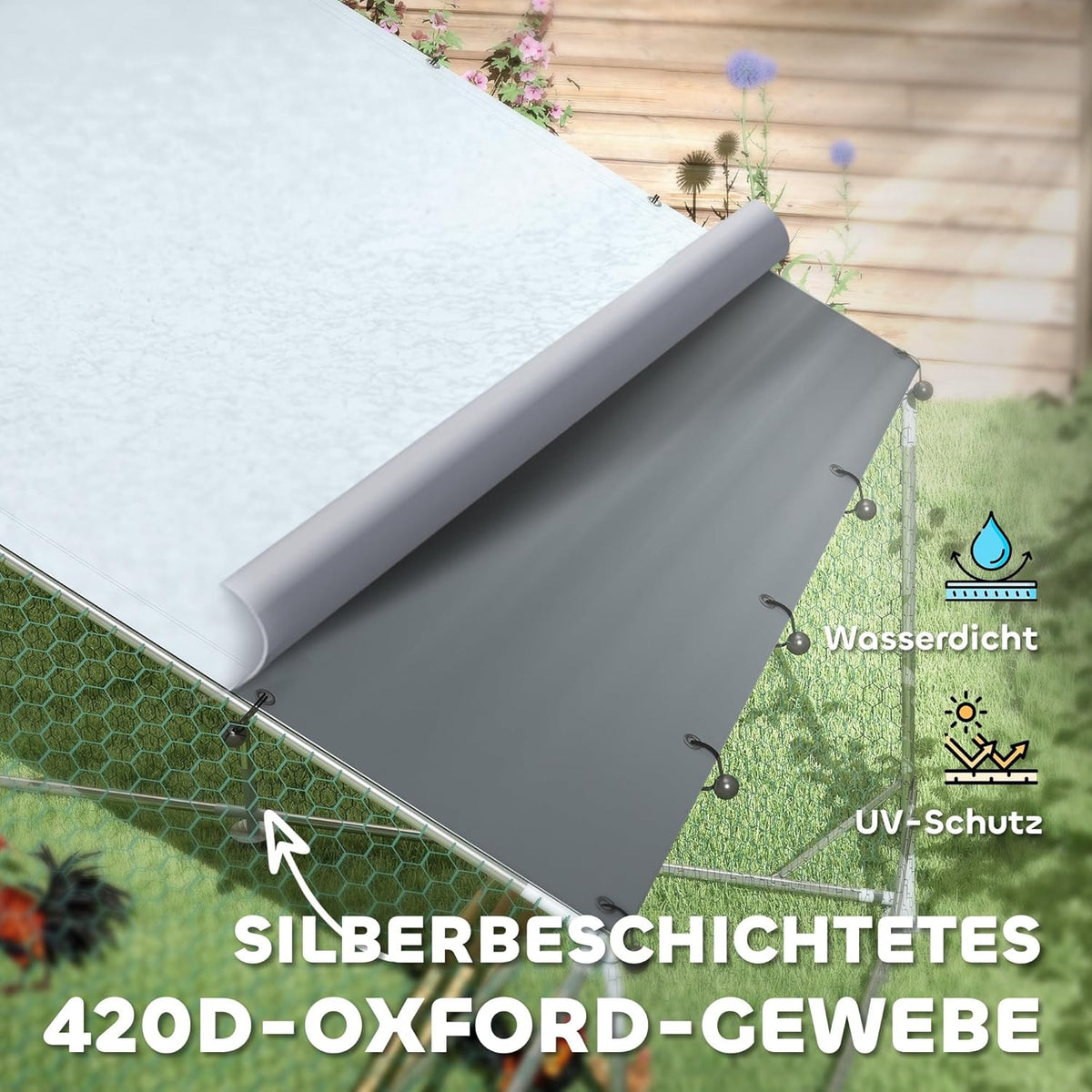 PawHut Hühnerstall Freilaufgehege aus Stahl, 300 x 400 x 195 cm Hühnerkäfig mit UV-beständiger Abdeckung, Futtertür, Hängefütterung, Sitzstange, Hühnergehege für 12-18 Hühner, Kleintiererererung - QUORE