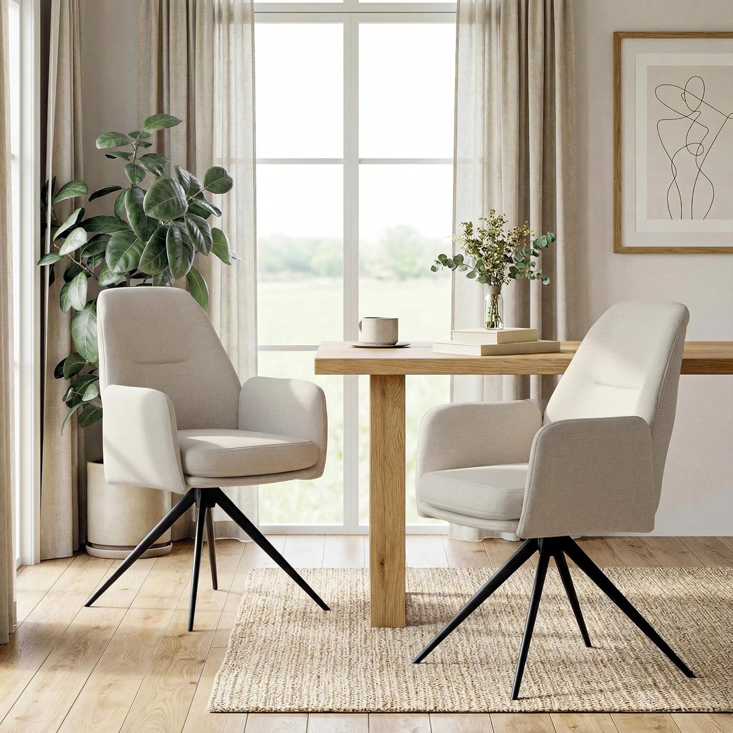 1 Draaibare Eetkamerstoelen 360° van Linnen met Armleuningen, Hoge Rugleuning en Dikke Gevulde Zitting, Beige