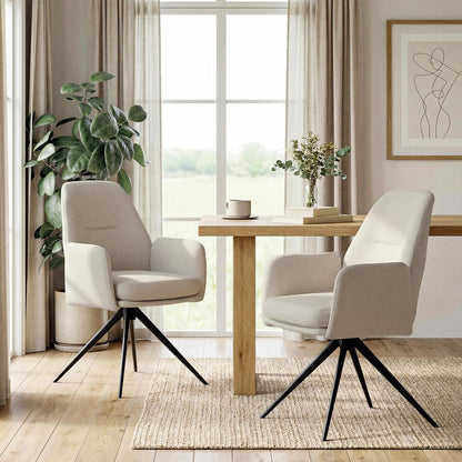1 Draaibare Eetkamerstoelen 360° van Linnen met Armleuningen, Hoge Rugleuning en Dikke Gevulde Zitting, Beige