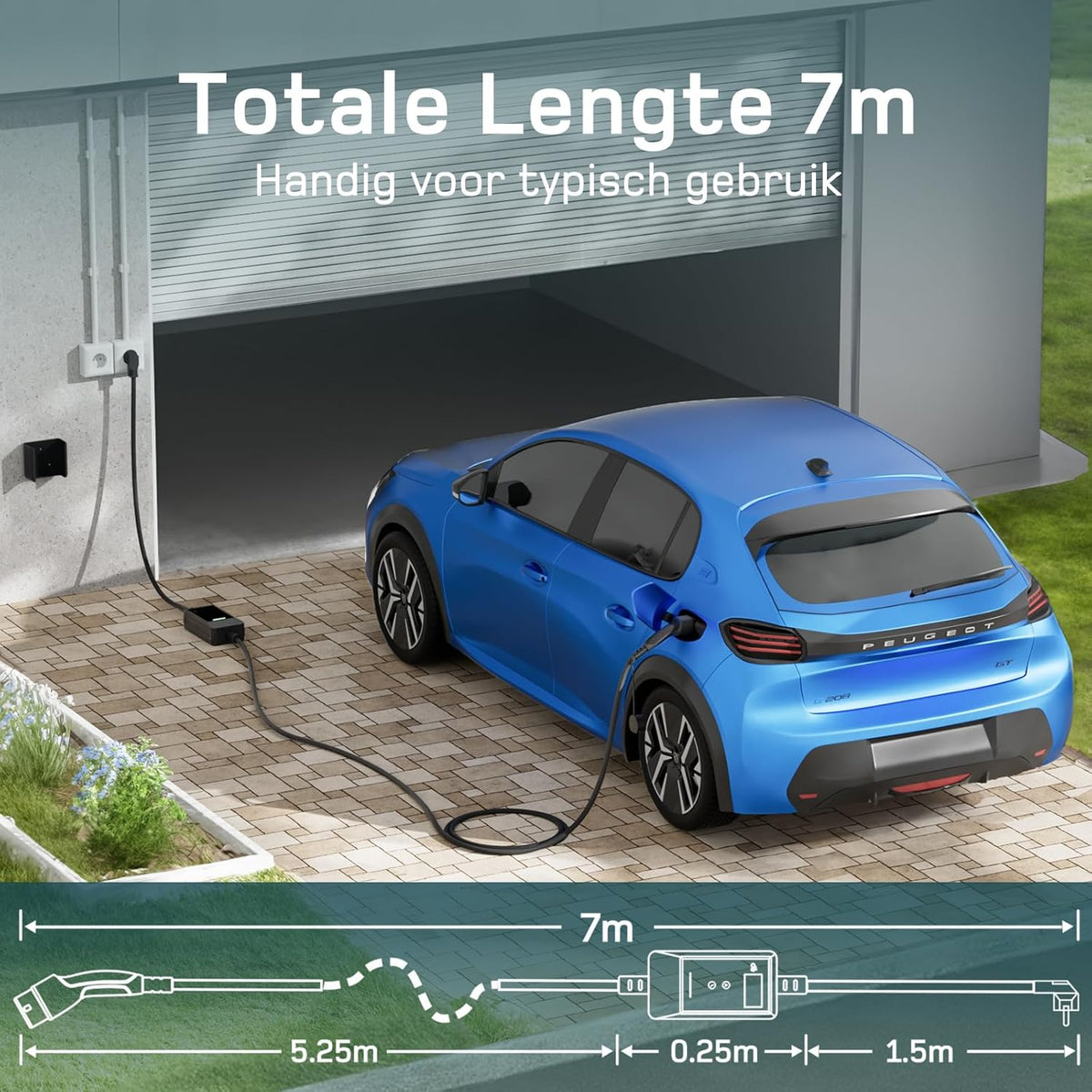 dé EV Charger Type 2 Schuko 3,7kW [7m, 1-Fase, 6-16A] Thuislader Type 2 met Digitaal Display, Instelbare Stroom, EV Oplader 3,7kW voor Model Y/3, ID.3/4, EX30, Enyaq en andere EV/PHEV