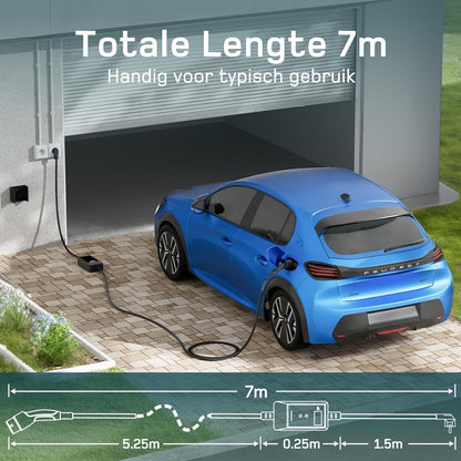 dé EV Charger Type 2 Schuko 3,7kW [7m, 1-Fase, 6-16A] Thuislader Type 2 met Digitaal Display, Instelbare Stroom, EV Oplader 3,7kW voor Model Y/3, ID.3/4, EX30, Enyaq en andere EV/PHEV
