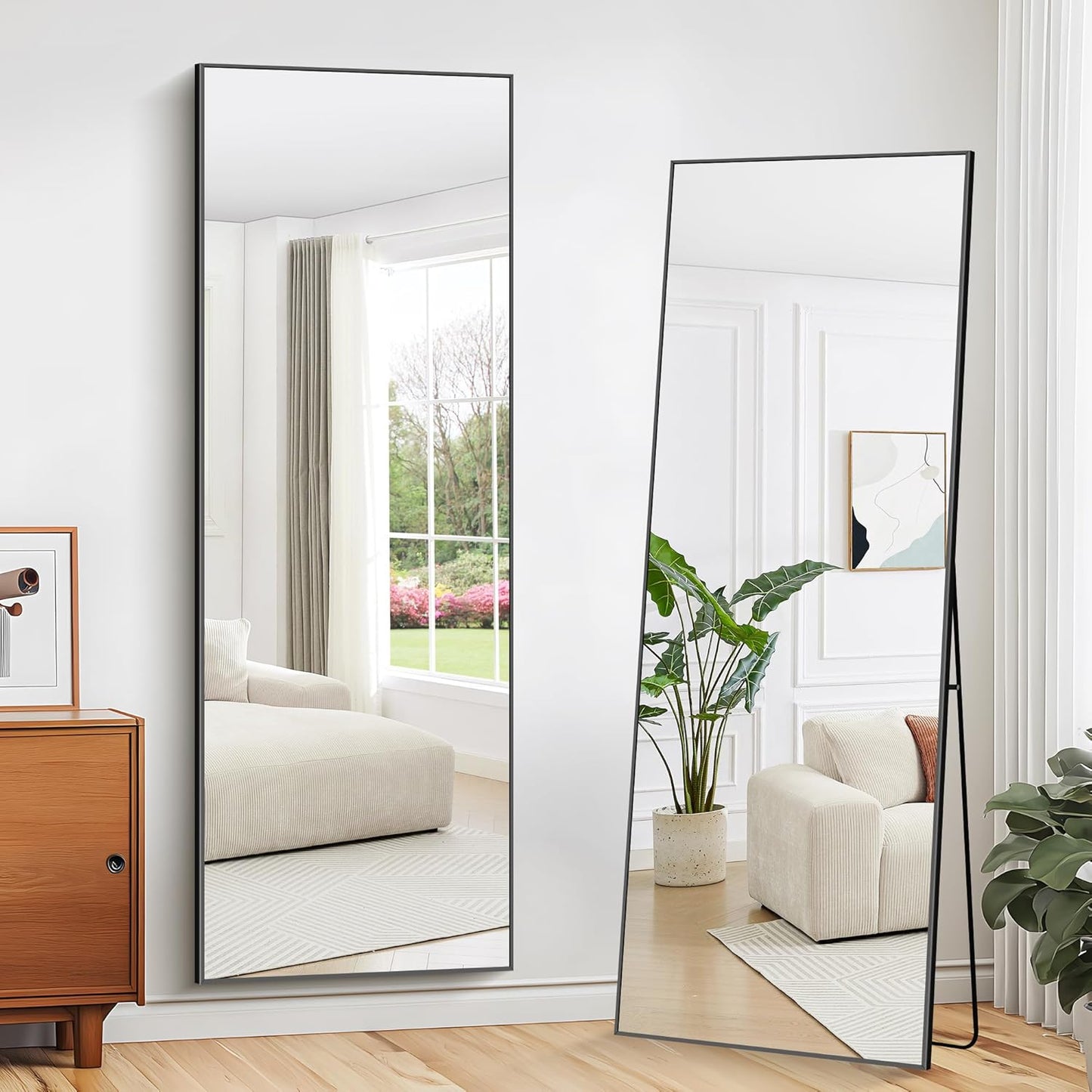 WOLIBEER Volledige spiegel, 165 x 60 cm, wand- en staande spiegel met aluminium frame, zwart, rechthoekige full-body spiegel voor hal, fitness, slaapkamer