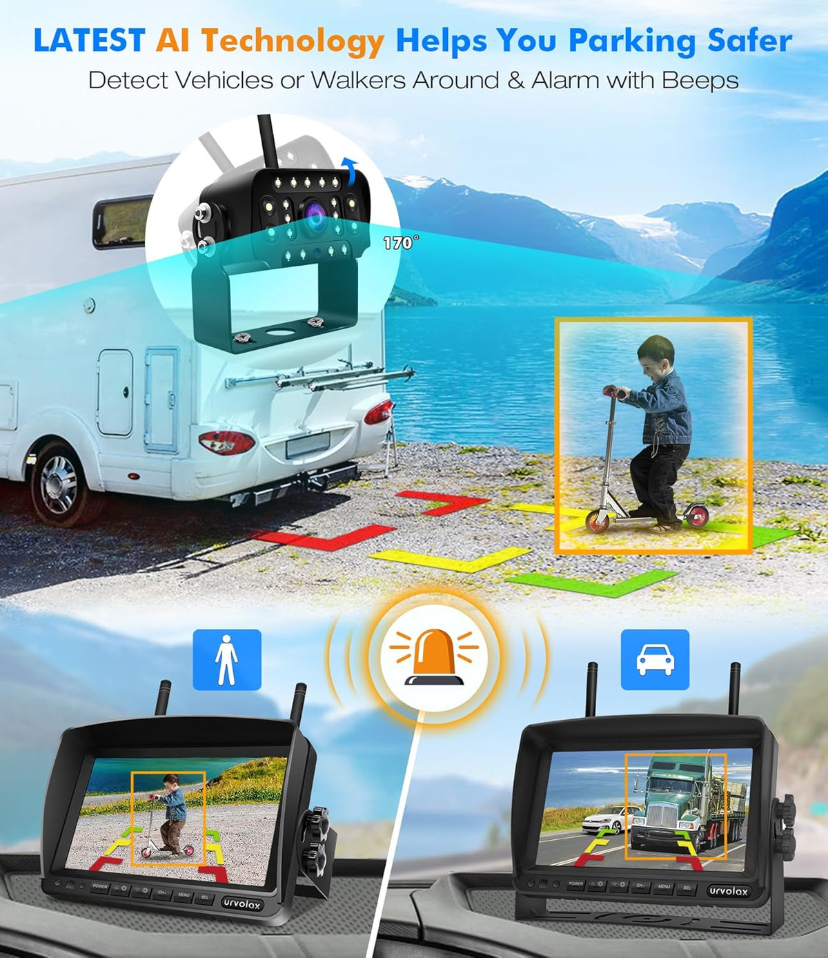 URVOLAX Draadloze Achteruitrijcamera Met AI-detectie en Hoorbaar Alarm, 1080p FHD Parkeersysteemkit met 7-inch monitor, Waterdicht voor Campers, Vrachtwagens, Bestelwagens, Caravans en Aanhangwagens