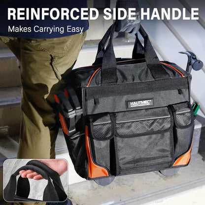 HAUTMEC 14,5 inch rollende gereedschapstas met wielen, 25-pocket draagbare gereedschapskist organizer met 600D waterbestendige stof, brede mond ontwerp, extra grote wielen en telescopische handgreep -