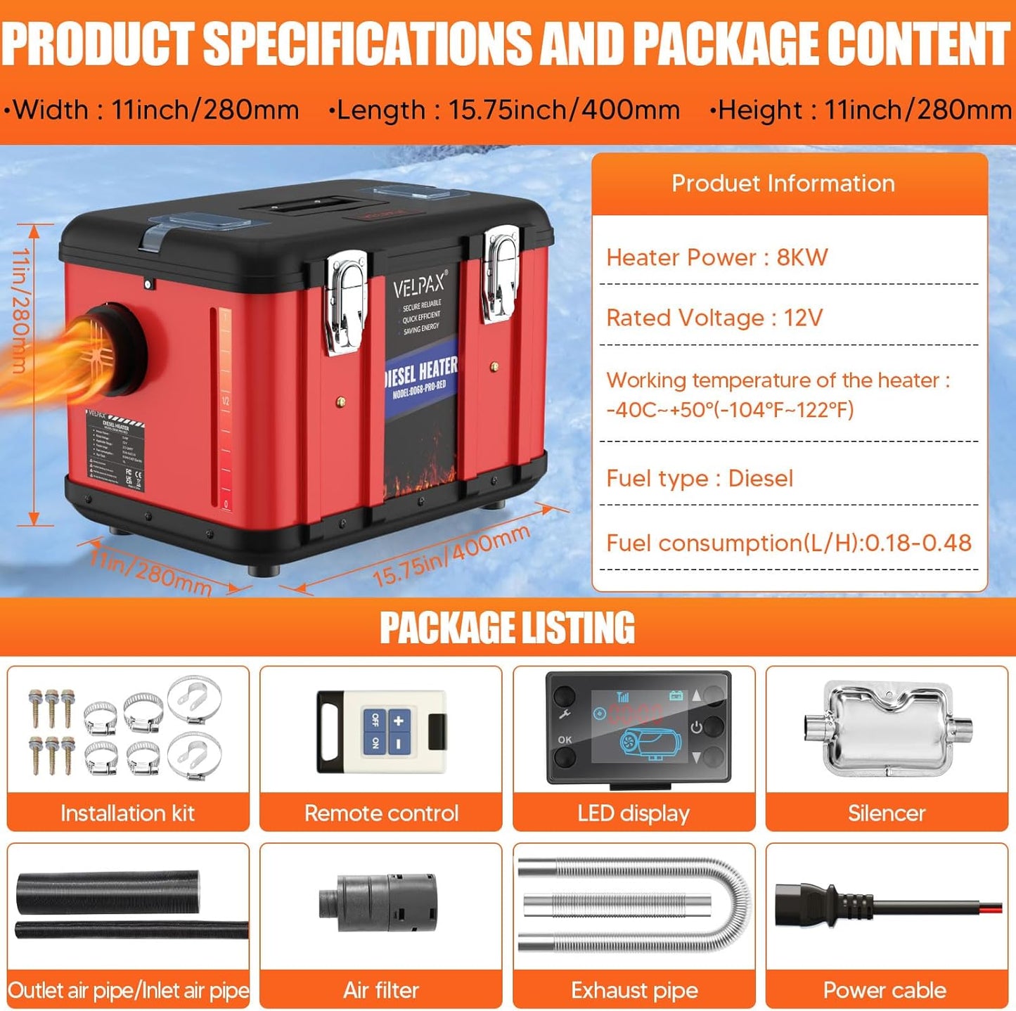 Diesel Heater, 12 V, 8 kW, Additional Heater, 0.16 - 0.62 L/h, Diesel Heater with LCD Display and Remote Control for Bus, Truck ( - QUORE