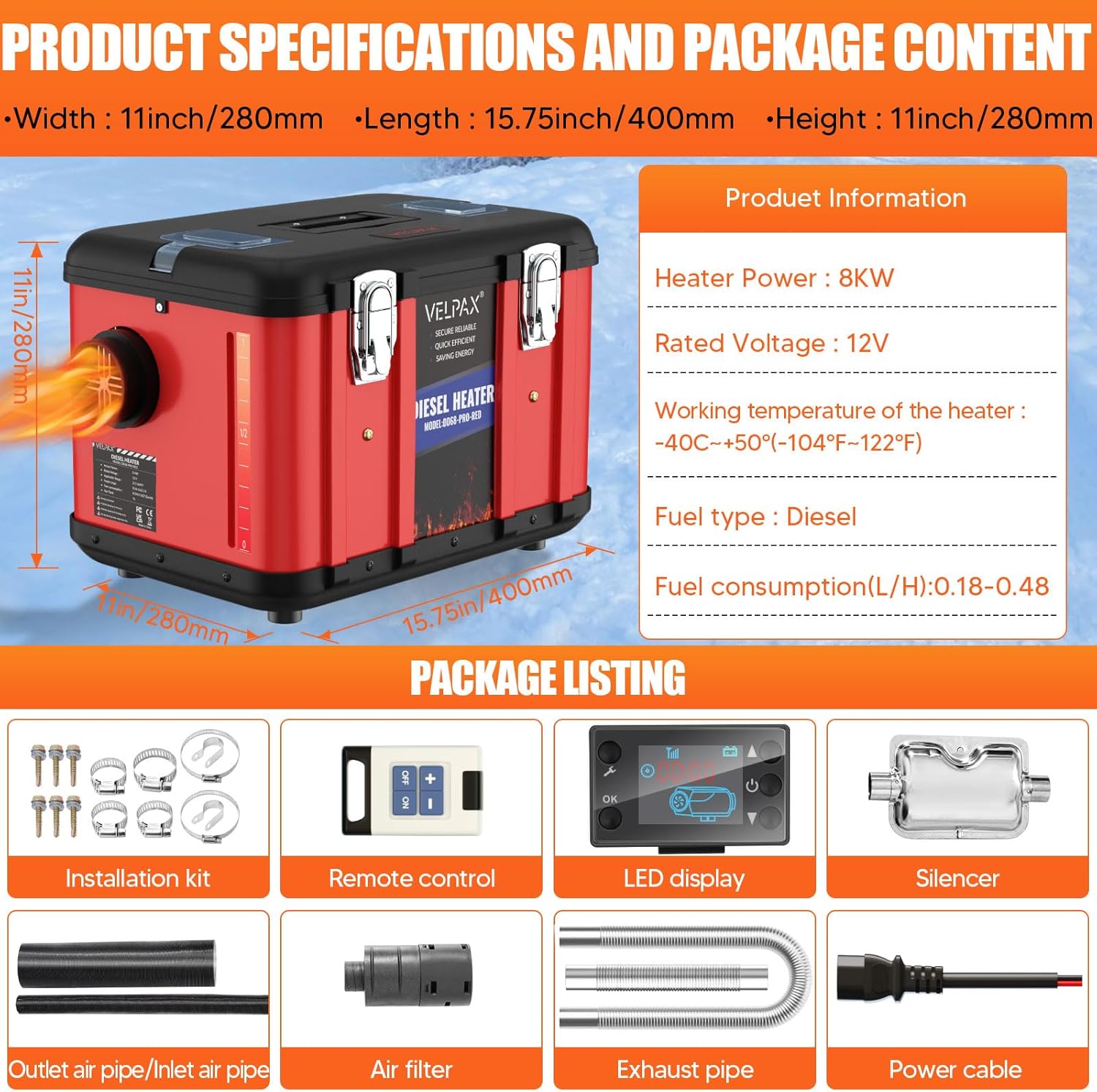 Diesel Heater, 12 V, 8 kW, Additional Heater, 0.16 - 0.62 L/h, Diesel Heater with LCD Display and Remote Control for Bus, Truck ( - QUORE