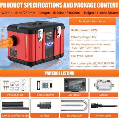 Diesel Heater, 12 V, 8 kW, Additional Heater, 0.16 - 0.62 L/h, Diesel Heater with LCD Display and Remote Control for Bus, Truck ( - QUORE