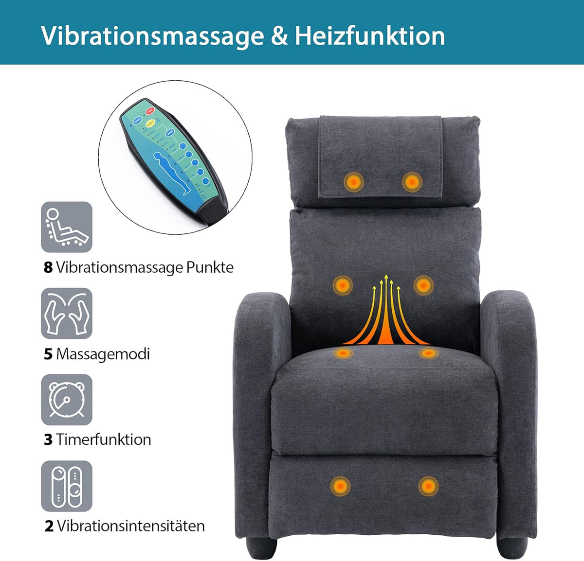 Recliner Chair Massage Heating Reclining Function, TV Chair Adjustable, Massage Chair with Remote Control, Recliner Fabric, Grey - QUORE