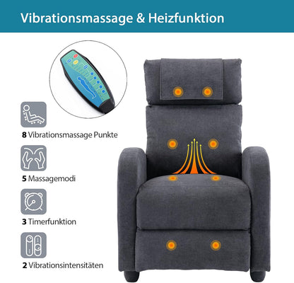 Recliner Chair Massage Heating Reclining Function, TV Chair Adjustable, Massage Chair with Remote Control, Recliner Fabric, Grey - QUORE