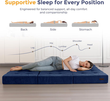 MAXYOYO Opvouwbare Matras Eenpersoons, 15 cm Comfortabele Opvouwbare Matras Met Chenille-Stof, Driekwijd Vloer Futon Bank Bed Voor Gast, Vouwmatras Topper Voor Camping, Marineblauw, Dubbel