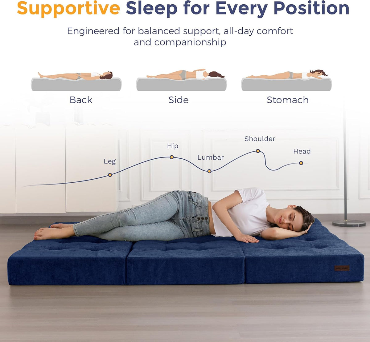 MAXYOYO Opvouwbare Matras Eenpersoons, 15 cm Comfortabele Opvouwbare Matras Met Chenille-Stof, Driekwijd Vloer Futon Bank Bed Voor Gast, Vouwmatras Topper Voor Camping, Marineblauw, Enkel