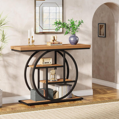 Tribesigns Console Table 105cm with 4 Levels, Narrow Industrial Sofa Table with Round Metal Frame, Wooden Entrance Table with Storage Racks for Living Room (Light Brown)