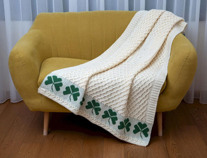 SAOL 100% Merino Ierse wol Shamrock honingraat bed & bank gooien deken in naturel / 40" x 60" / 100 cm x 150 cm
