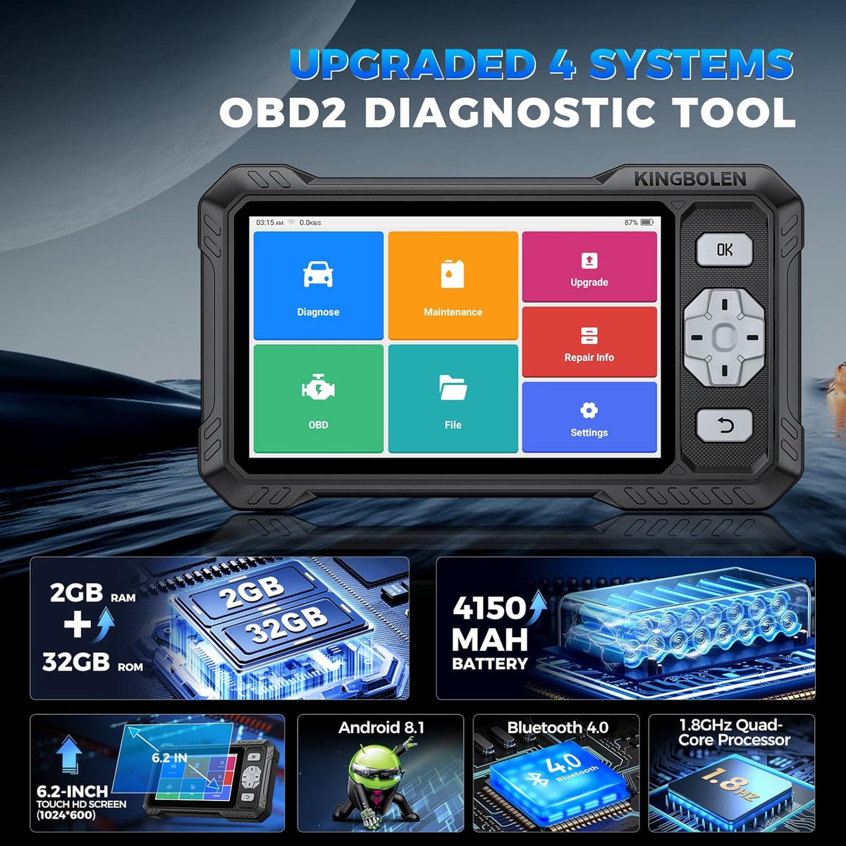 KINGBOLEN S608 OBD2 Code Reader, Auto Diagnostic Tool voor Motor/ABS/Airbag/AT,9 Reset Olie/Rem/ABS/Gear/Injector/BMS/DPF/TPMS/Throttle, OBD2 Scanner Lifetime Free Update, Kan FD Protocol