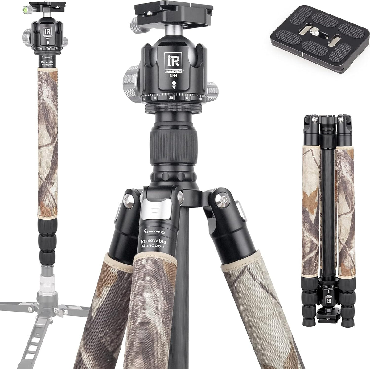 INNOREL RT75CM Koolstofvezel Statief 172 cm Professionele 2-in-1 Reisstatief & Balhoofd Kit Monopod Max Belasting 20 kg Max Buis 29 mm Heavy Duty Camera Ondersteuning met Middenkolom N44 Kogelhoofd