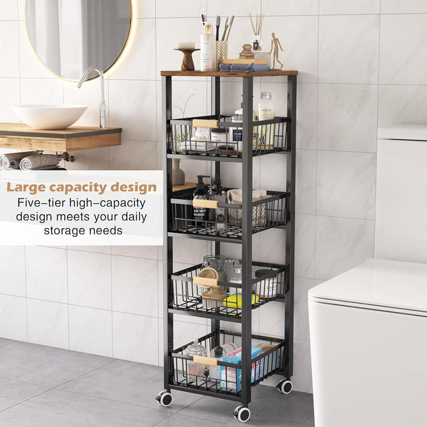 5-Tier - Groenterek - Keukenwagen - Stapelbare Fruitmand - Opbergwagen - met Wielen - voor Badkamer - Keuken - Kantoor - Gelegeerd Staal - 40 x 30 x 107 cm - Zwart