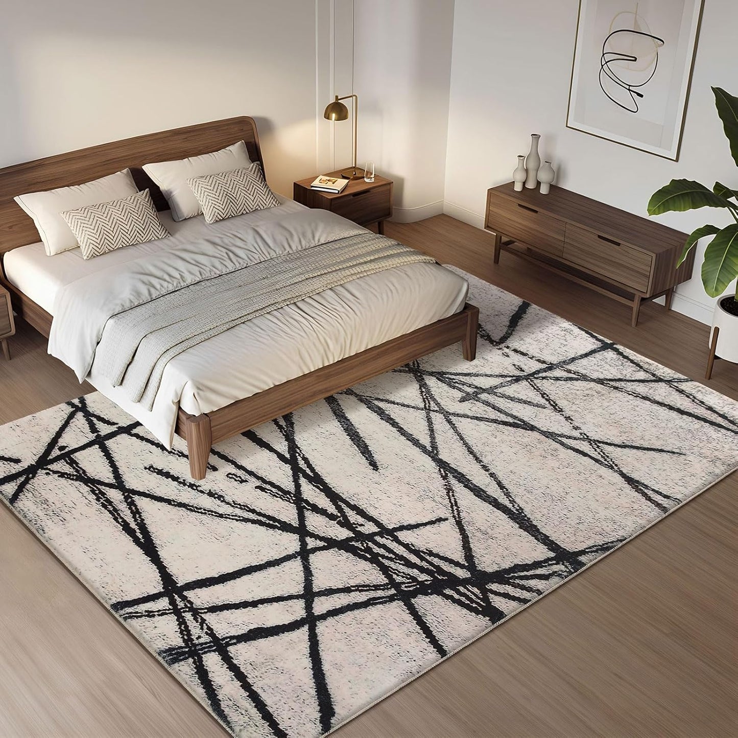 Vloerkleed Voor Woonkamer, Artistiek Bohemian Tapijt, Slaapkamer, Zacht, Modern, Beige, Laagpolig, Abstract, Lineair Geometrisch Patroon, Antislip (Beige, 200 x 250 cm)