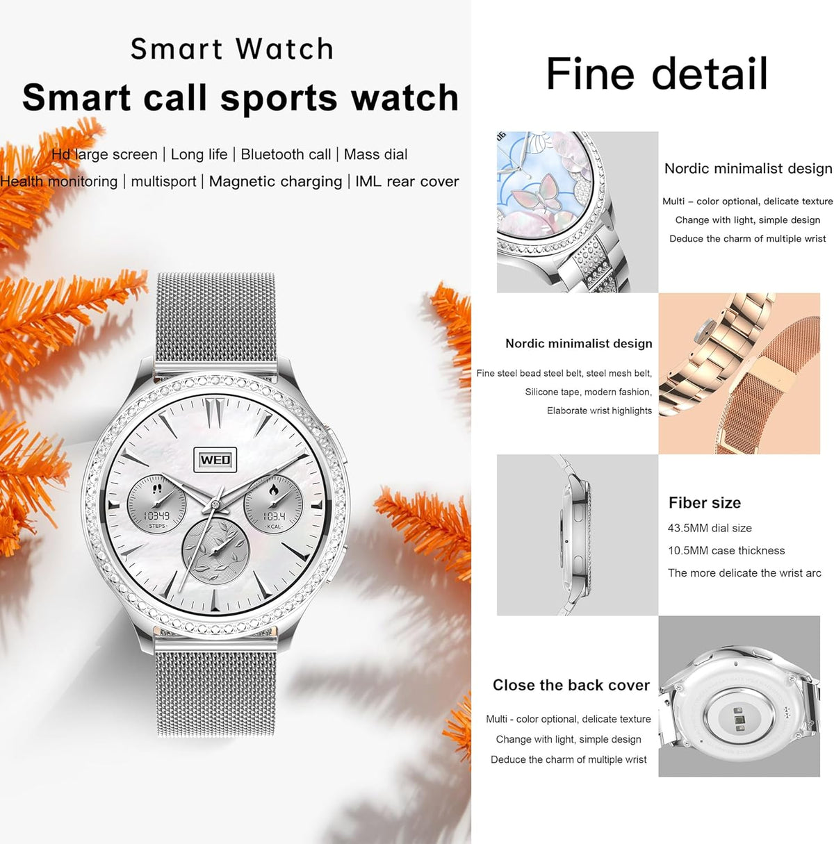 Smartwatch Dames met Bluetooth Bellen, 1.32'' Smartwatch met Diamant, IP68 Waterdicht Smart Watch, 123 Sportmodi, Muziekspeler, Hartslagmonitor, SpO2, Smartwatches voor Android iOS (Zilver)