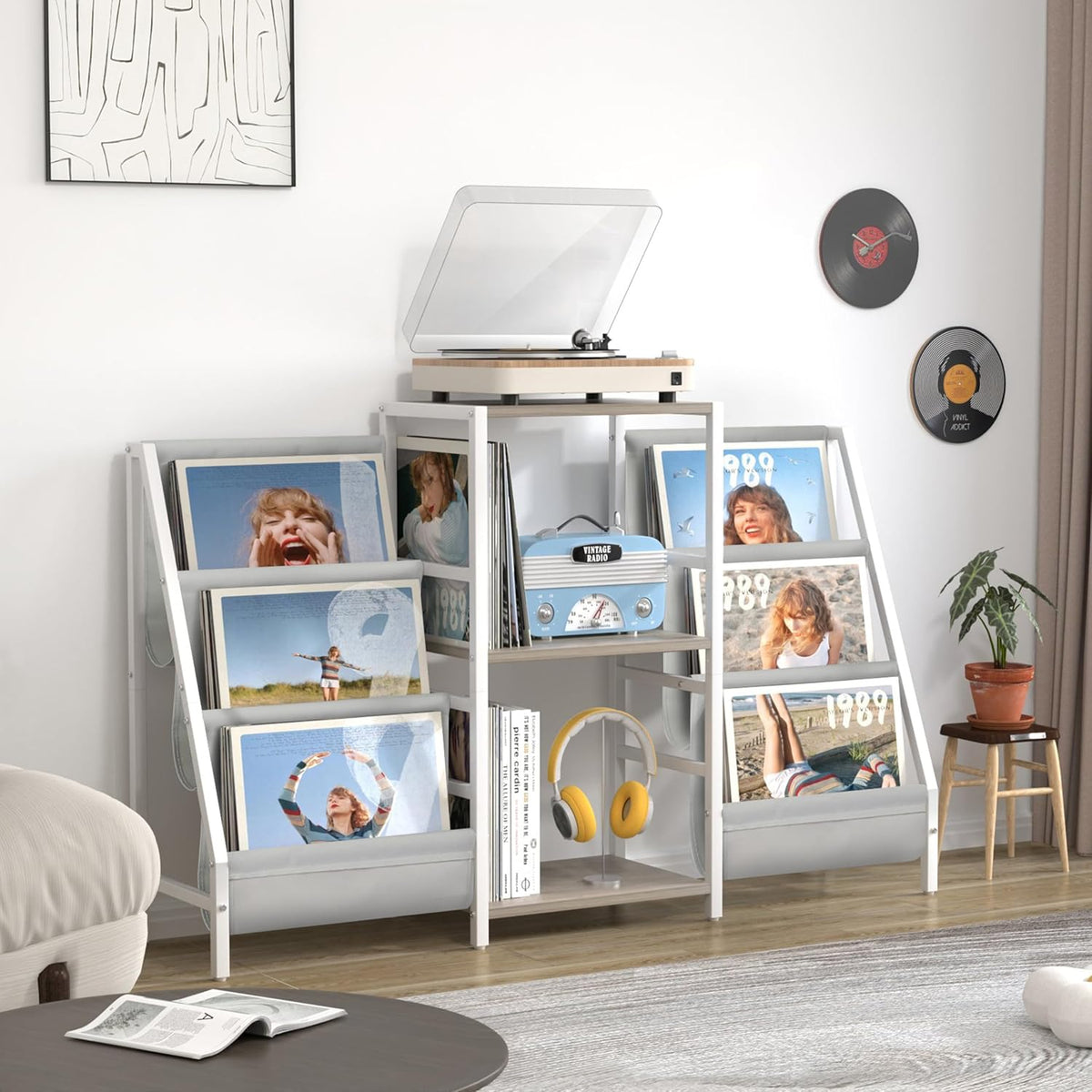 Bikoney Platenkast met Opbergruimte voor Platenspeler – Tafelkast voor Draaitafel met Display, Geschikt voor 300 LP's, Media Console met CD Rek voor Vinyl, Stereo & Draaitafel (Wit)