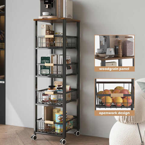 5-Tier - Groenterek - Keukenwagen - Stapelbare Fruitmand - Opbergwagen - met Wielen - voor Badkamer - Keuken - Kantoor - Gelegeerd Staal - 40 x 30 x 107 cm - Zwart