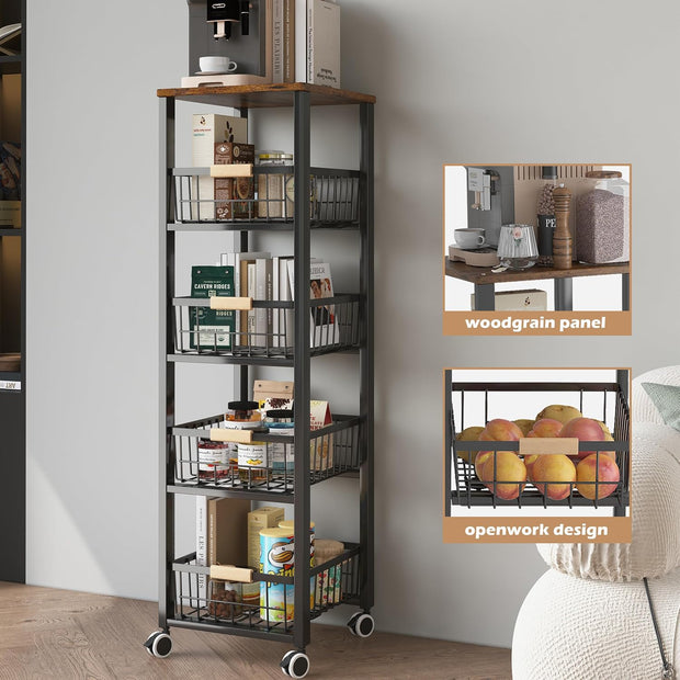 5-Tier - Groenterek - Keukenwagen - Stapelbare Fruitmand - Opbergwagen - met Wielen - voor Badkamer - Keuken - Kantoor - Gelegeerd Staal - 40 x 30 x 107 cm - Zwart