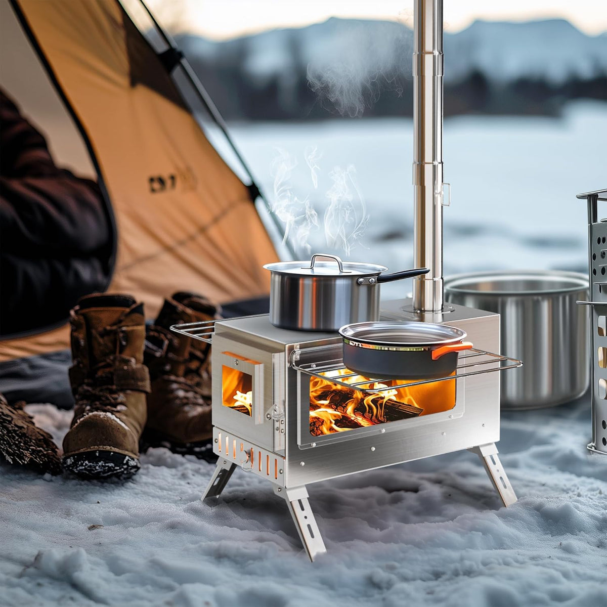 Houtkachel – Tentkachel – Campingkachel – Outdoor kachel – Houtbrander – RVS Staal – Draagbaar en Compact – 7 Schoorsteenpijpjes