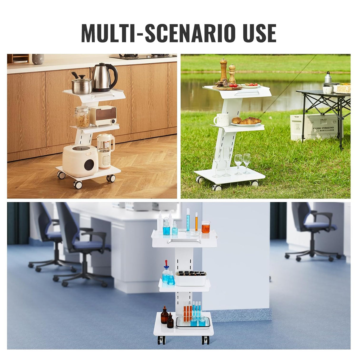 Werkwagen – Werktafel – Trolley – Servicewagen – Medische Trolley – 3-Laags Metaal – Geïntegreerd Stopcontact