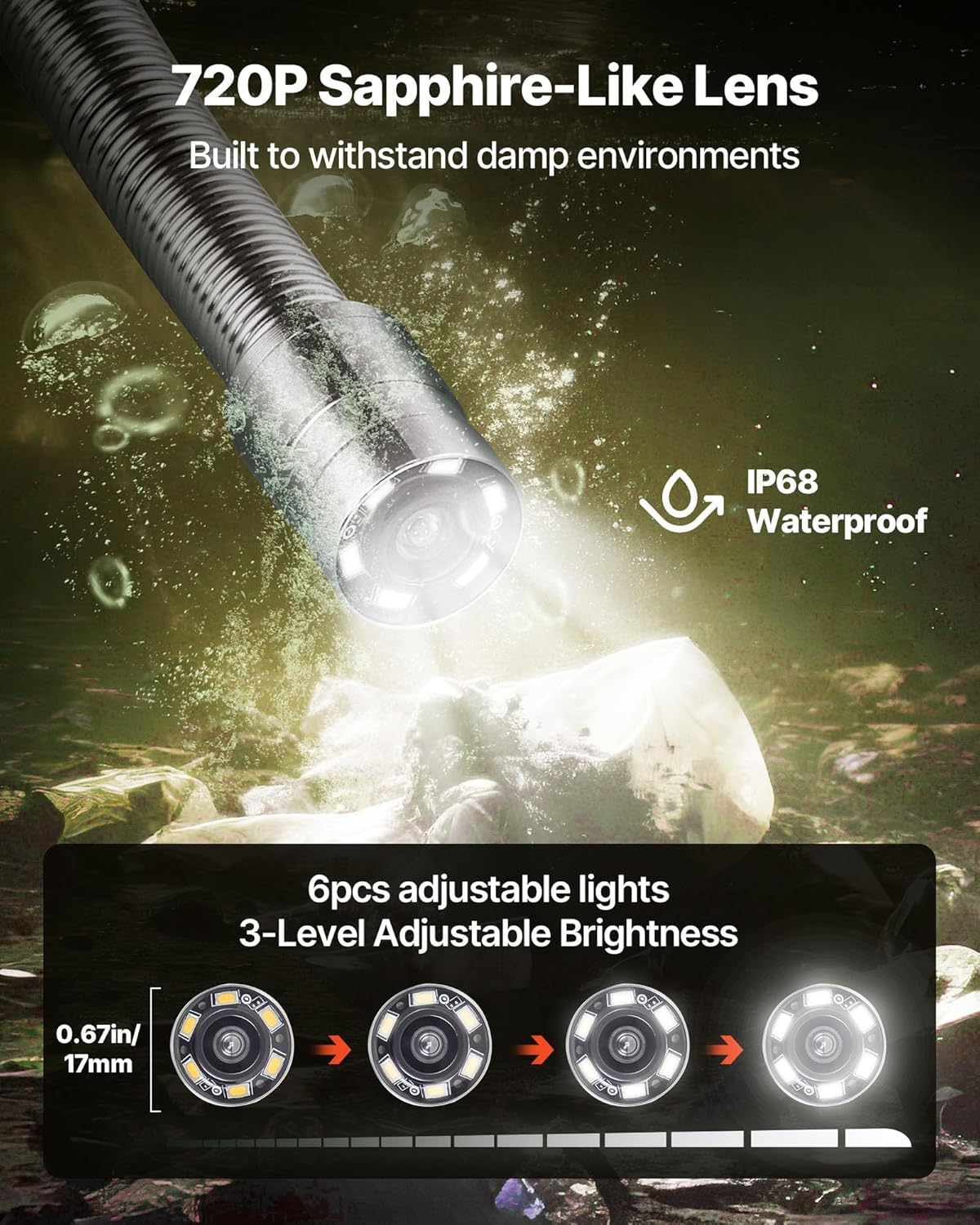 VEVOR Endoscoop 50 m, industriële endoscoop met HD-scherm, 480p, waterdichte slangencamera's, IP68, met 6 leds en 16 GB kaart voor leidingen