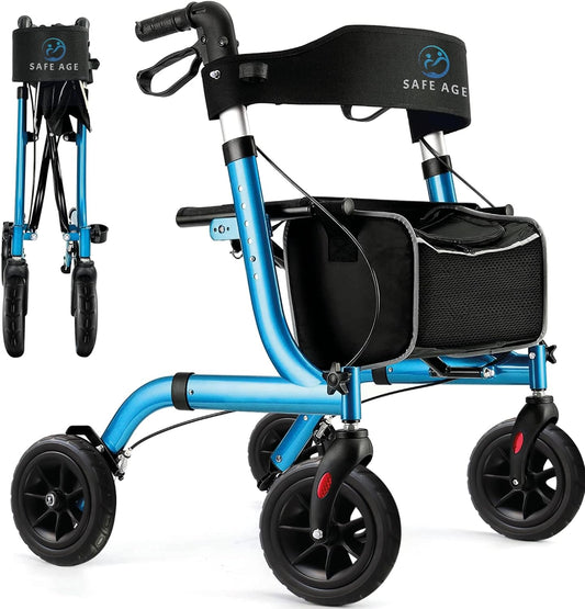 Rollator lichtgewicht en opvouwbaar - zitfunctie - voor binnen en buiten - rugleuningen en wandelstok houder (Blauw)