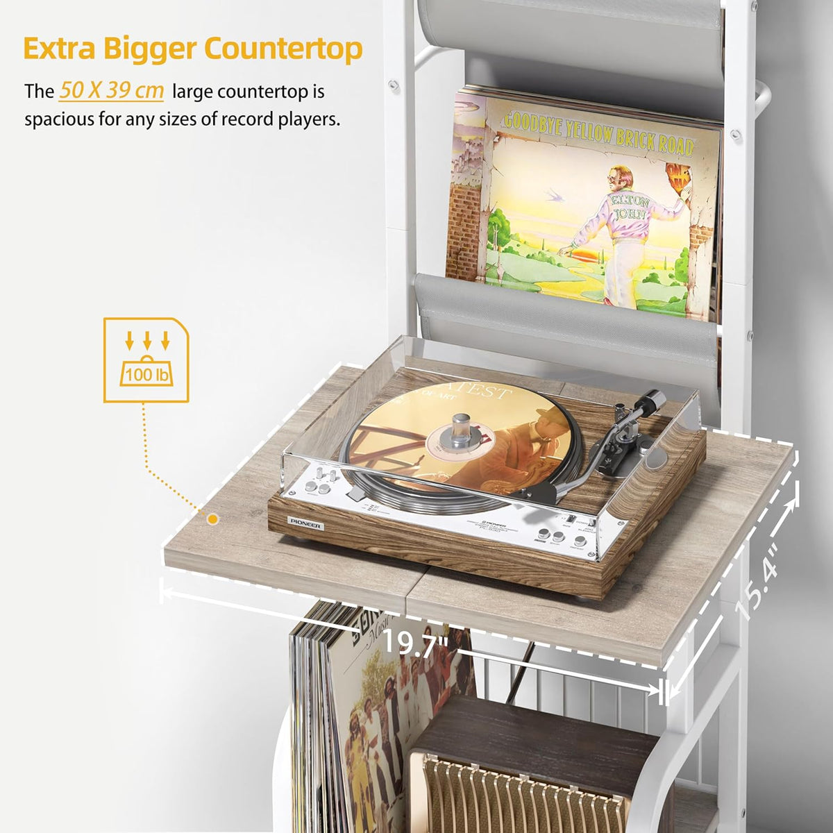 Platenopslag Standaard Met Platenspelerkast – Platenspelerstandaard, Draaitafelstandaard, Platenhouder, Displayplank – Wit – Tot 200 Platen – Extra Groot Bovenblad 50 X 39 Cm