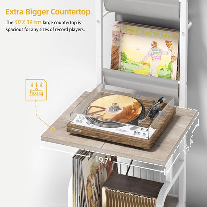 Platenopslag Standaard Met Platenspelerkast – Platenspelerstandaard, Draaitafelstandaard, Platenhouder, Displayplank – Wit – Tot 200 Platen – Extra Groot Bovenblad 50 X 39 Cm