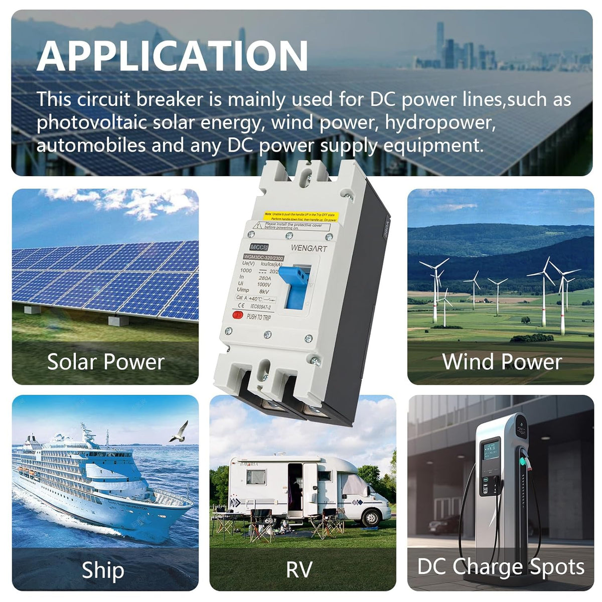 Wengart MCCB WGM3DC-320, PV-stroomschakelaar DC1000V 2P 280-320A, biedt betrouwbare bescherming voor fotovoltaïsche systemen op zonne-energie (280A)
