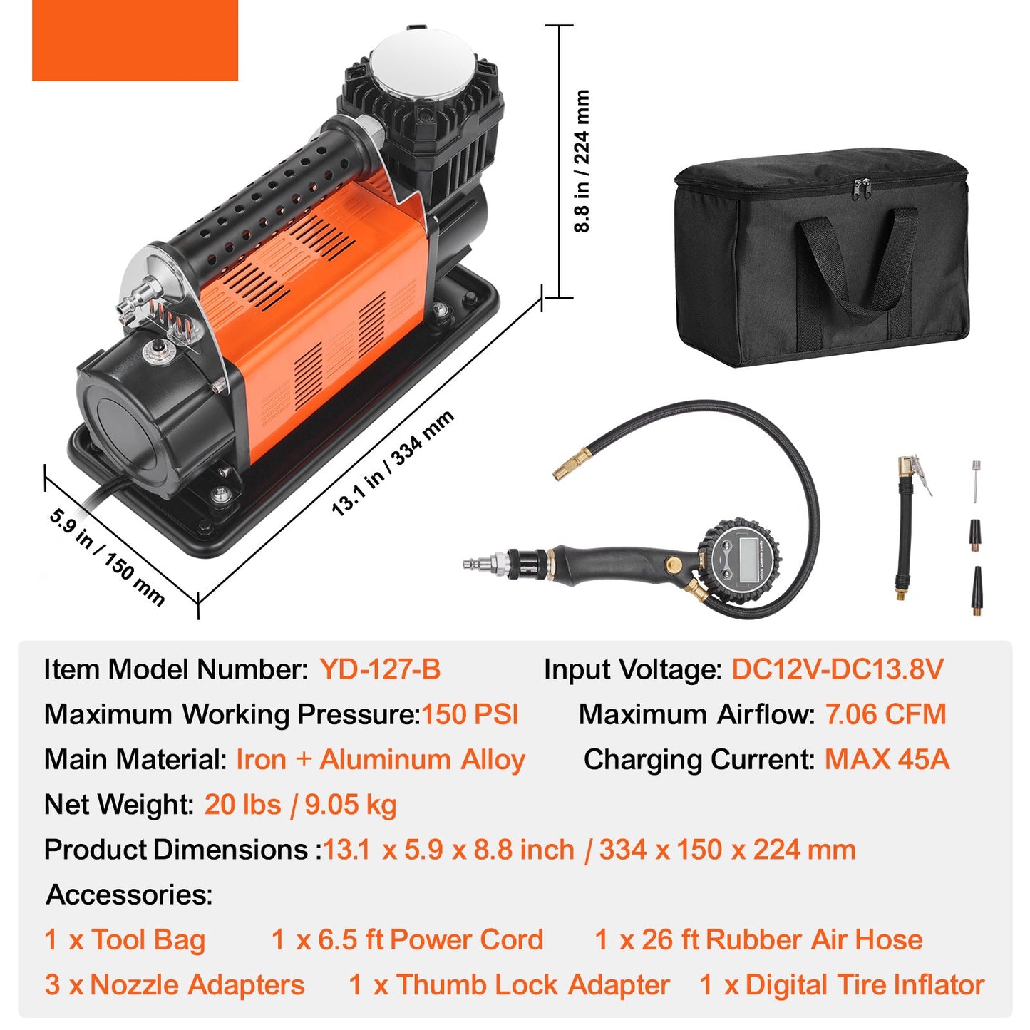 Bandenpomp – Luchtcompressor – Fietspomp – Compressor – Elektrische Bandenpomp – 12V Draagbaar – 150 PSI Max Druk – Digitale Drukmeter